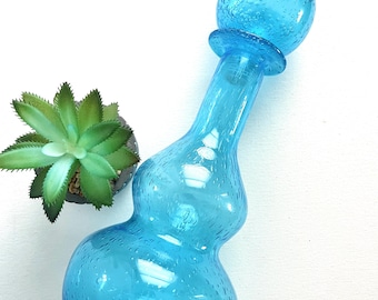 Vintage hand blown sky blue decanter with mushroom stopper Midcentury Barware Glass Art