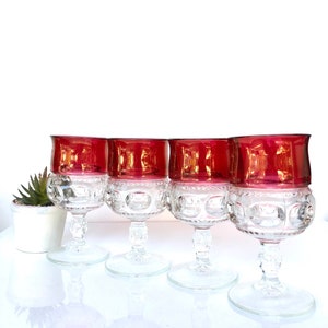 Kings Crown Ruby Red Flash goblets / Tiffin glass Cranberry Flash wine goblets set of 4