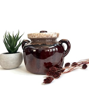 May include: A vintage brown ceramic crock pot with a lid and two handles. The crock pot has a glossy finish and a two-tone design, with a lighter beige rim. A small potted succulent and dried flowers are in the background.