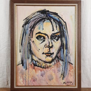 Ritratto di donna espressionista originale in acquerello e inchiostro, opera d'arte astratta incorniciata, artista ucraino Kurilko