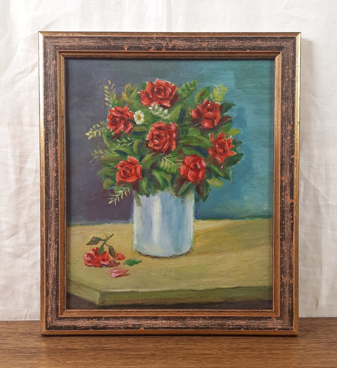 Vintage Red Roses Oil Painting, Rustic Floral Still Life Wall Art - Etsy