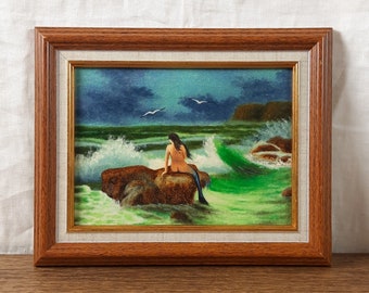 Vintage Ölgemälde von Meerjungfrau am felsigen Ufer, Original Fantasy Marine Kunst, Ukrainischer Künstler