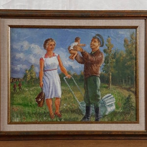 Pintura a óleo original, Retrato, Pai, Naïf, Pintura Vintage, Belas Artes Europeias, Único