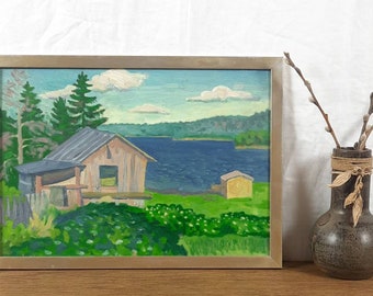 Origineel olieverfschilderij, Oekraïense kunstenaar Alexander Vlasov, oud huis, landschap, rivierlandschap, vintage schilderkunst, Europese beeldende kunst