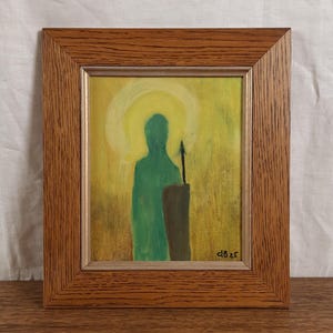 Pintura abstracta inspirada en un icono moderno: Santo con halo y lanza, del artista ucraniano Bannikov