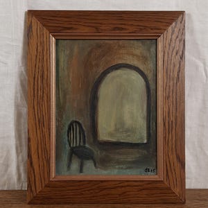 Silla vacía junto a una ventana arqueada, pintura al óleo expresionista, pintura al óleo moderna, artista ucraniano Bannikov