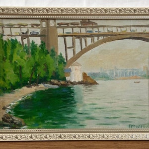 Pintura a óleo original, artista ucraniano Morozov, Paisagem, Paisagem fluvial, Ponte, Belas Artes Europeias, Única