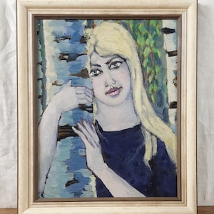 Pintura a óleo original, artista ucraniano, retrato feminino, bétula, belas artes europeias, único