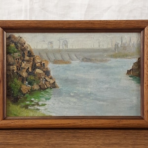 Paisaje fluvial vintage – Pintura al óleo original enmarcada – Arte ucraniano con escenas acuáticas