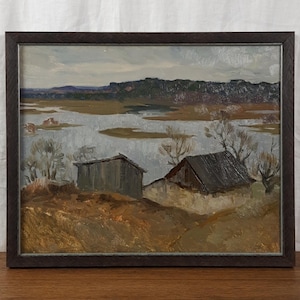 Paisagem do Rio de Outono, Paisagem da Vila, Pintura a óleo original, Artista ucraniano