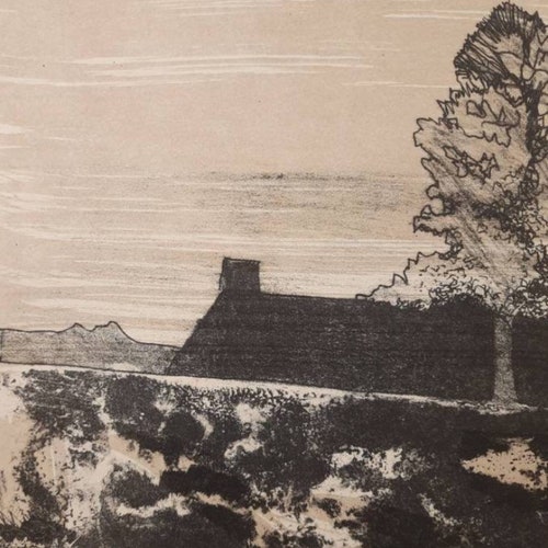 Original Lithograph Print, Lithography, Vintage, Ukrainian shops artist Salikhov, Landscape, Village, 1959