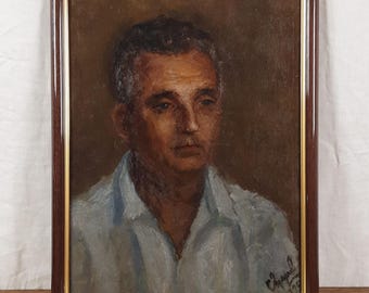1958年制作の男性肖像油絵、ミッドセンチュリー印象派肖像画、サイン