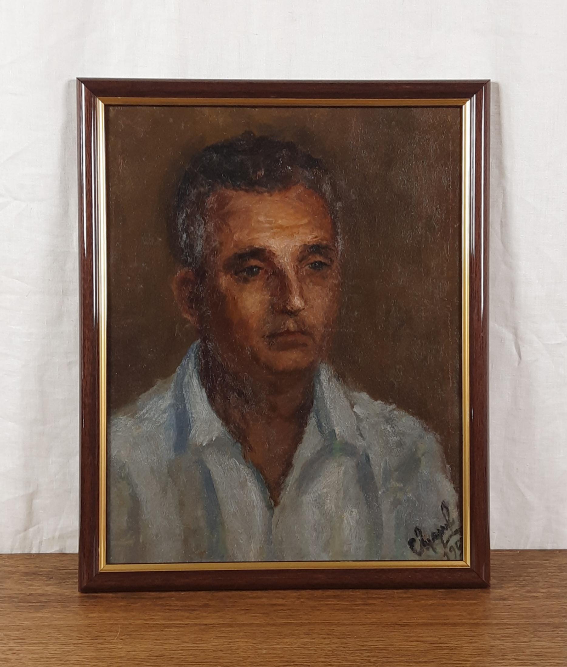 油彩画 人物肖像 ダークブラウンフレーム 1958年制作の男性肖像油絵、ミッドセンチュリー印象派肖像画、サイン