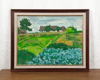 Original Gouache Painting: Cabbage Field Landscape, Ukrainian Artist Vlasov, Framed 1972