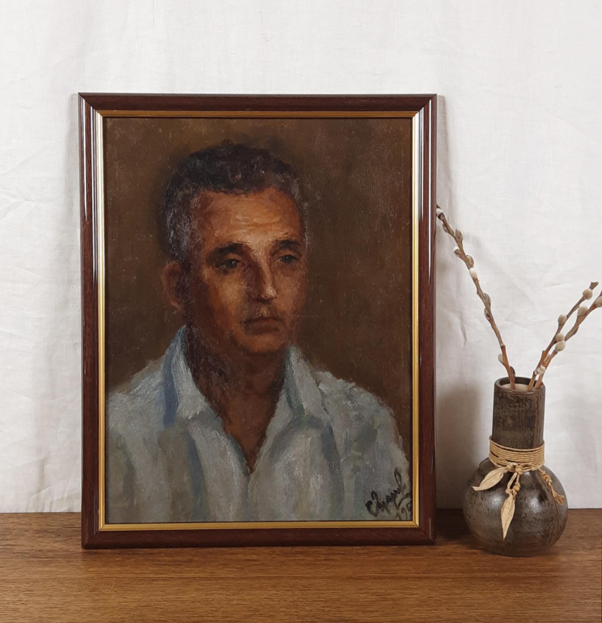 1958年制作の男性肖像油絵、ミッドセンチュリー印象派肖像画、サイン