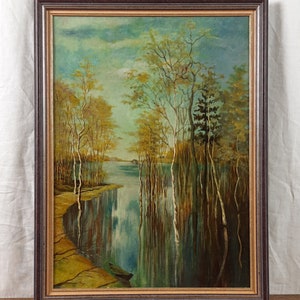 Paisaje fluvial vintage – Pintura al óleo original enmarcada – Arte ucraniano con escenas acuáticas