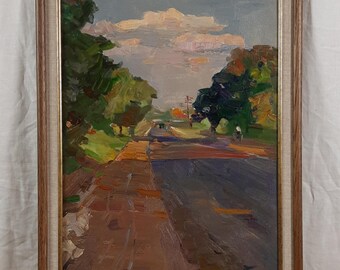 Route ensoleillée, paysage à l&#39;huile, peinture à l&#39;huile originale, artiste ukrainienne Berkuta