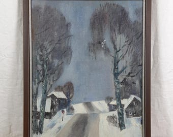 Villaggio innevato, paesaggio invernale, dipinto a olio originale, artista ucraino Shilov