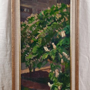 Pintura al óleo de paisaje primaveral: Árboles en flor. Obra original del artista ucraniano Krishtopenko.