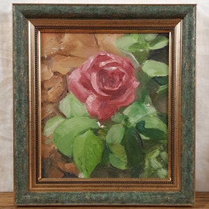 Pintura de rosas vermelhas, óleo de rosas no jardim, pintura a óleo original, artista ucraniano