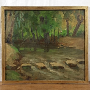 Pintura al óleo original, artista ucraniano, paisaje, paisaje de río, enmarcado, vintage, obra de arte original