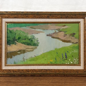 Paisaje fluvial vintage – Pintura al óleo original enmarcada – Arte ucraniano con escenas acuáticas