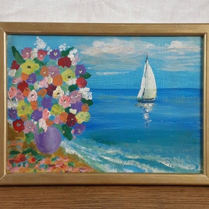 Pintura a óleo original, artista ucraniano, paisagem marinha, ingênuo, pintura vintage, belas artes europeias, único