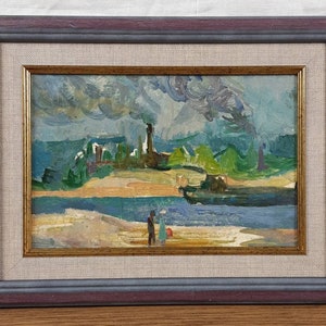 Paisaje fluvial vintage – Pintura al óleo original enmarcada – Arte ucraniano con escenas acuáticas