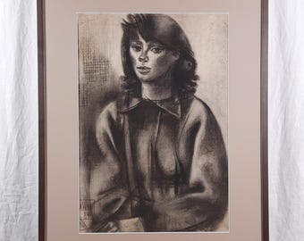 Ritratto a carboncino di una donna, disegno espressionista vintage, artista ucraino Shilov