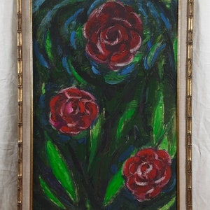 Pintura de rosas rojas, arte floral al óleo, arte mural de rosas carmesí, pintura al óleo original, artista ucraniano Myazin