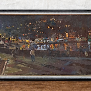 Pintura al óleo original, artista ucraniano, paisaje urbano nocturno, paisaje marino nocturno, luces nocturnas