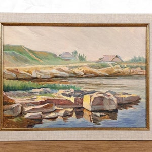 Paisaje fluvial vintage – Pintura al óleo original enmarcada – Arte ucraniano con escenas acuáticas