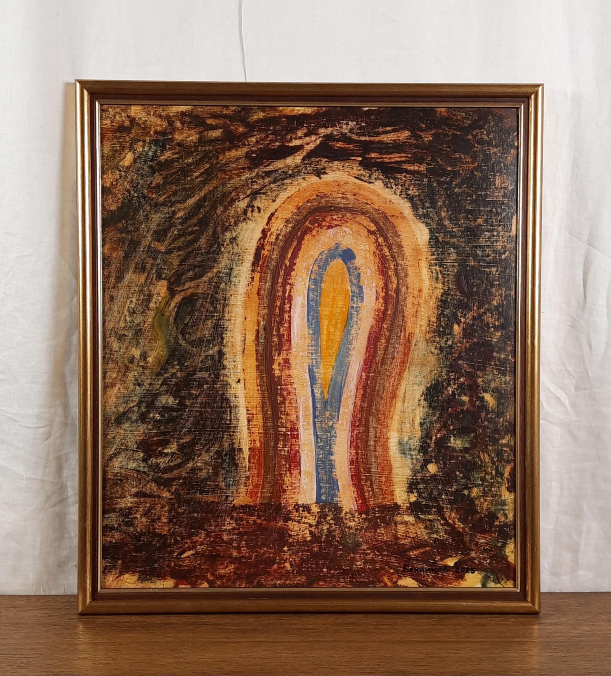 メタモルフィズム、抽象的象徴的油絵、変容モチーフ、額装された現代