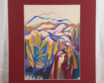 Original pastel, Landscape, Mountains, Female portrait, Harvest, Ukrainian artist