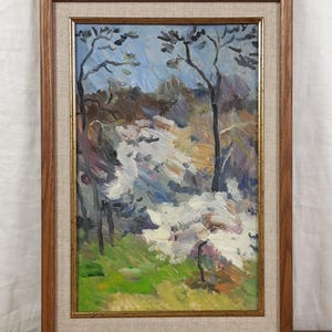 Pintura al óleo de paisaje primaveral: Árboles en flor. Obra original de un artista ucraniano.