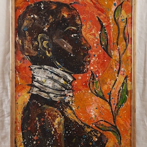 Gracia africana, retrato de mujer africana, belleza negra, afroamericano, pintura al óleo original, artista ucraniano