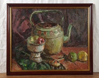 Green Teapot with Fruit, Original Vintage Still Life Oil Painting, Ukrainian artist Yanavichus