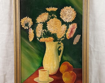 花瓶に入った菊、花、果物、カップを描いたヴィンテージの静物油絵