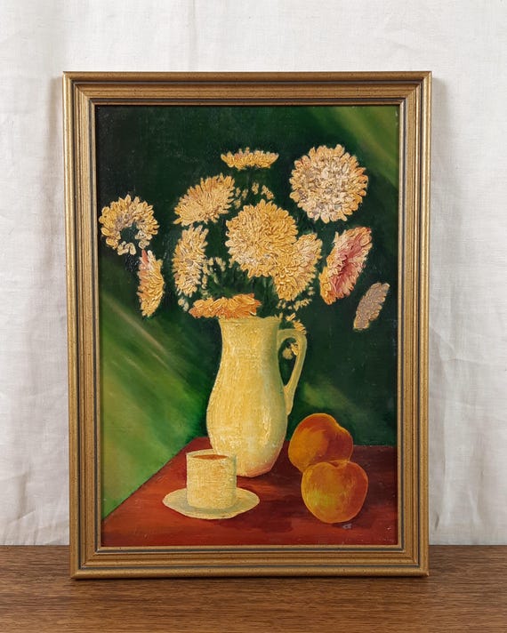 花瓶に入った菊、花、果物、カップを描いたヴィンテージの静物油絵