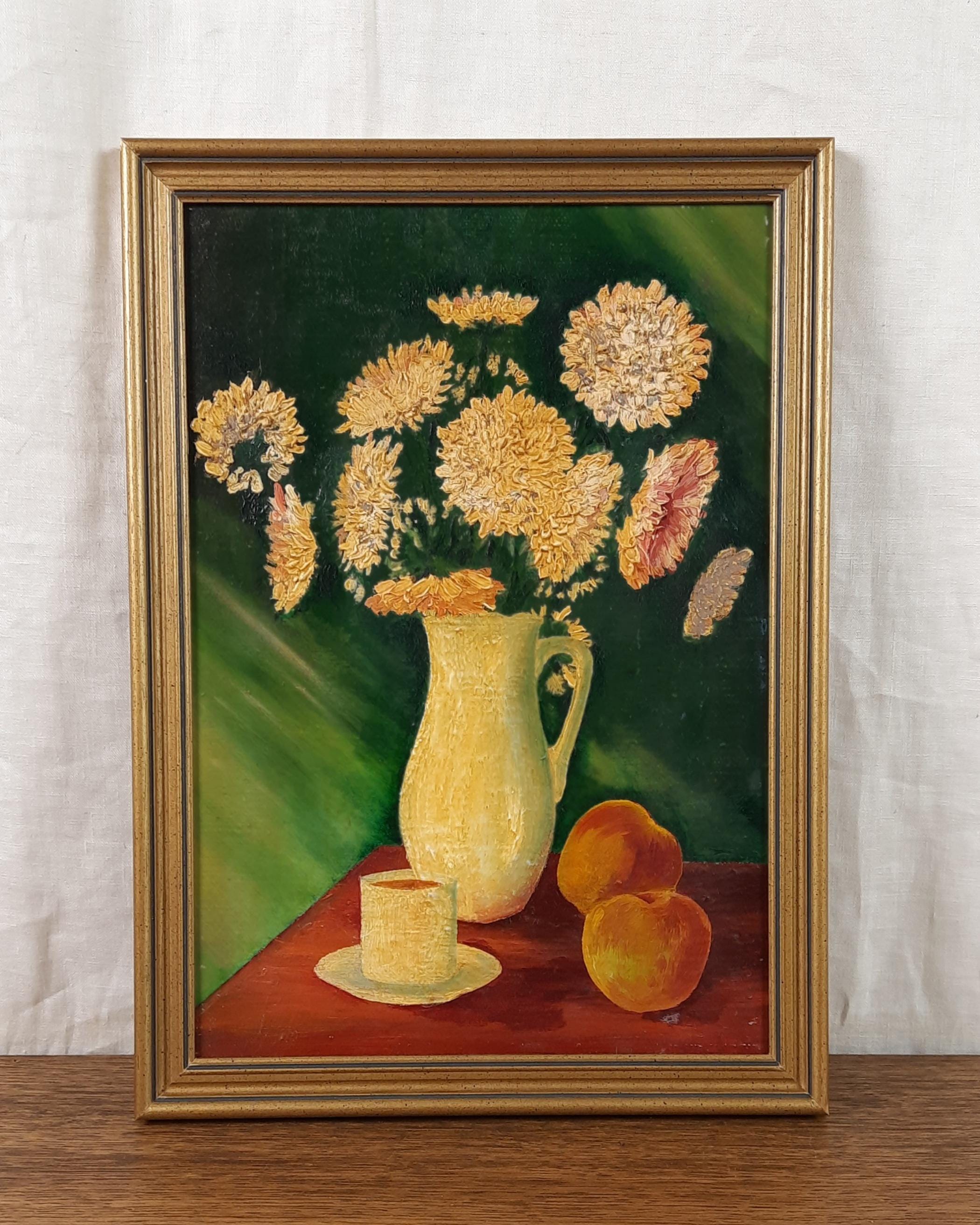 花瓶に入った菊、花、果物、カップを描いたヴィンテージの静物油絵