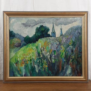 Krajobraz z kościołem, Zielony krajobraz, Oryginalny obraz olejny, Ukraińska artystka Migolatiyeva