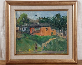 Coming Home, Orange House Landscape, Green Hill, Impressionist Village Scene, Original oil painting, Ukrainian artist Tronov