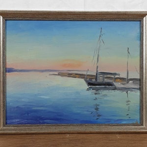 Pintura al óleo original, artista ucraniano, paisaje marino, barco, pintura vintage, pintura enmarcada