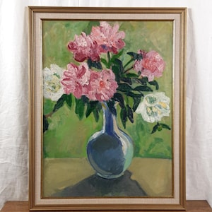 Vaso de flores, buquê de flores a óleo original, natureza morta botânica vintage, artista ucraniano