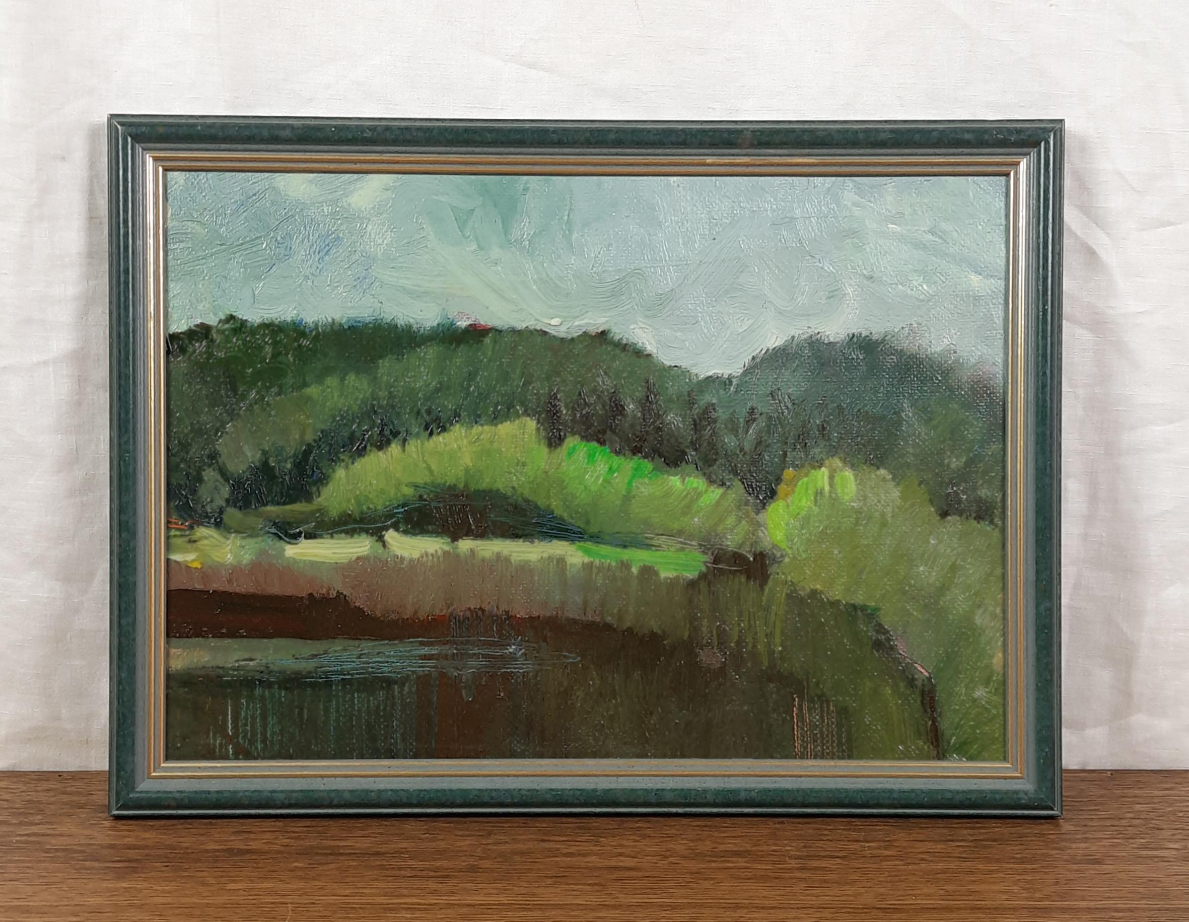 Original Oil Landscape Painting, Green Hill Reflection Artwork, Framed Impressionist Nature Scene, Vintage Painting, Ukrainian Artist