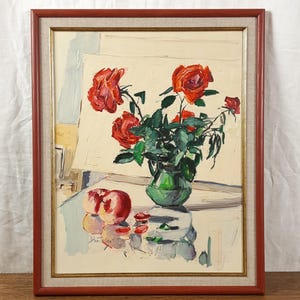 Rosas vermelhas em vaso verde, óleo de arte floral, pintura a óleo original, artista ucraniano