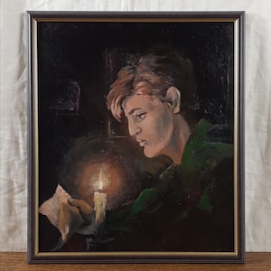Niño con vela, retrato masculino, retrato vintage, arte enmarcado, pintura al óleo original, artista ucraniano