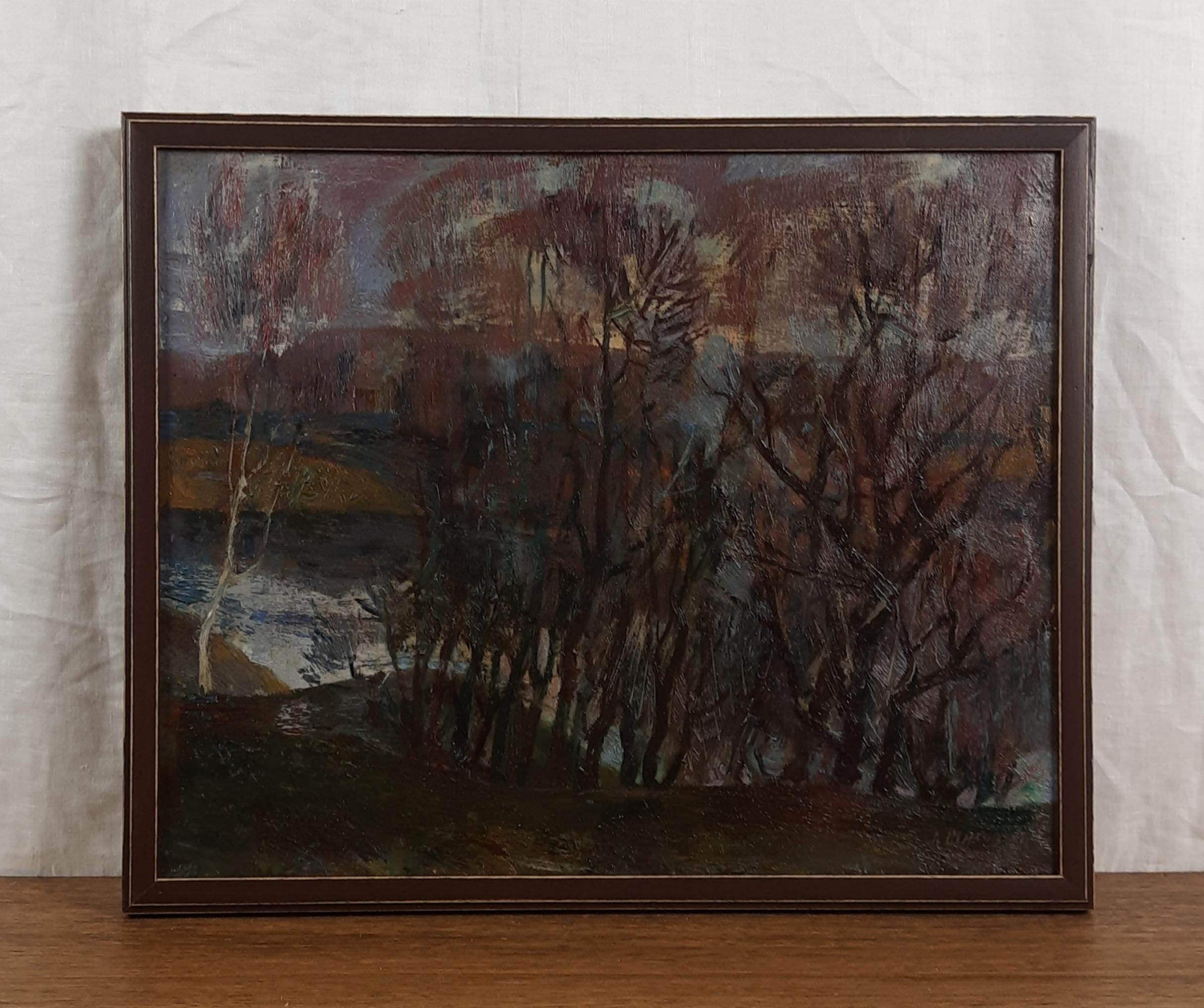Paysage de rivière, paysage d'automne, peinture sombre, peinture à l'huile originale, artiste ukrainienne Shilov