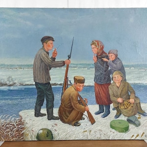Pintura al óleo original, Niños de la guerra, Pintura antigua, Arte naif, Bellas artes europeas, Única en su tipo