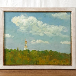 Pintura al óleo original, artista ucraniano, iglesia, monasterio, paisaje, obra de arte original